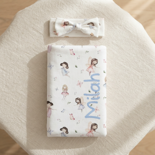 Personalised Baby Swaddle & Headband Set - Fairy