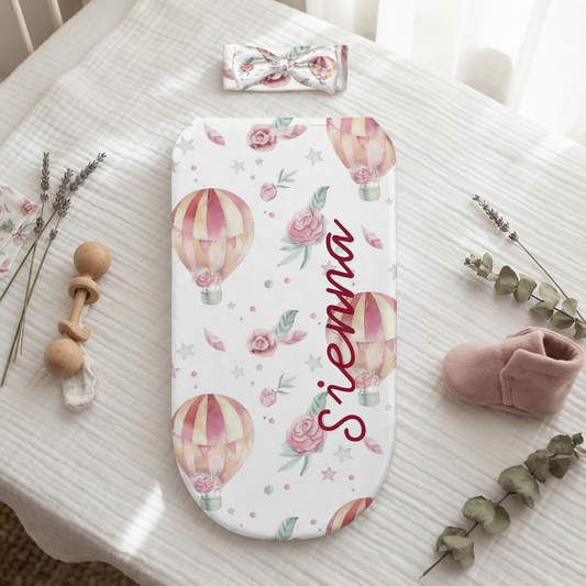 Personalised Baby Swaddle & Headband Set - Pink Hot Air Balloon