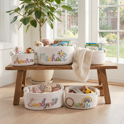 Personalised Hand Embroidered Baby Name Basket