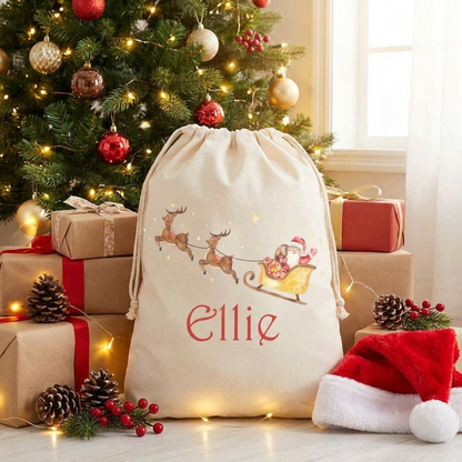 Personalised Linen Santa Sack - Santa Sleigh