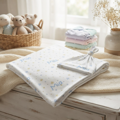Personalised Baby Swaddle & Beanie Set - Star