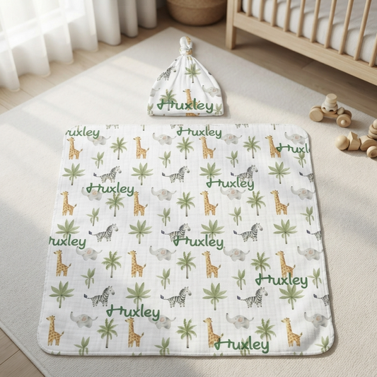 Personalised Baby Swaddle & Beanie Set - Safari