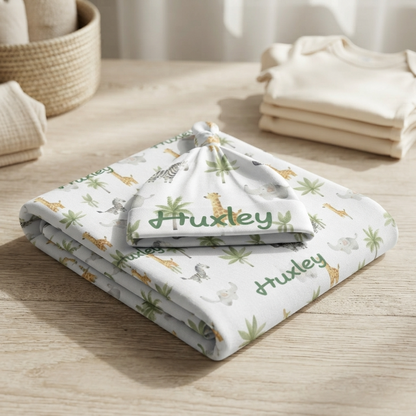 Personalised Baby Swaddle & Beanie Set - Safari