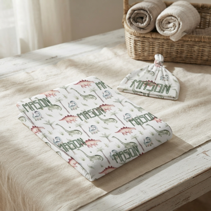 Personalised Baby Swaddle & Beanie Set - Dino