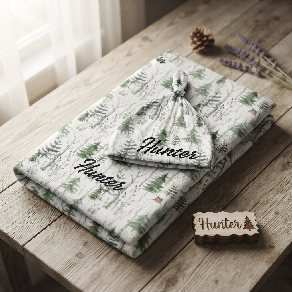Personalised Baby Swaddle & Beanie Set - Forest