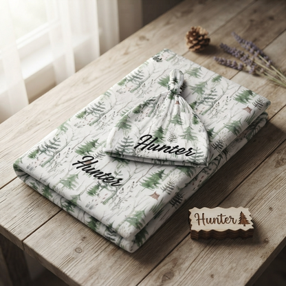 Personalised Baby Swaddle & Beanie Set - Forest