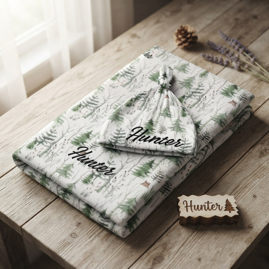 Personalised Baby Swaddle & Beanie Set - Forest
