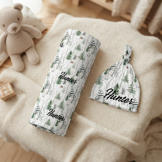 Personalised Baby Swaddle & Beanie Set - Forest