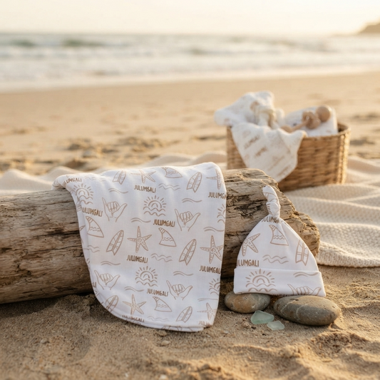 Personalised Baby Swaddle & Beanie Set - Surf