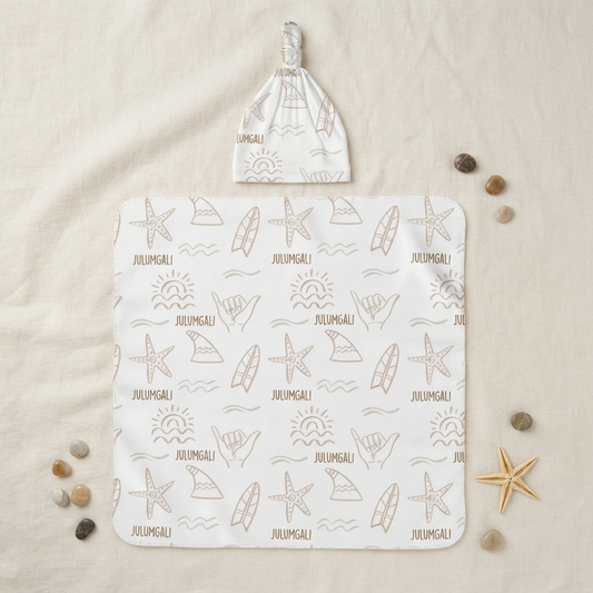 Personalised Baby Swaddle & Beanie Set - Surf