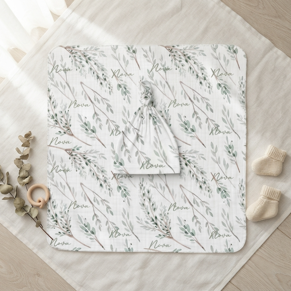 Personalised Baby Swaddle & Beanie Set - Botanical