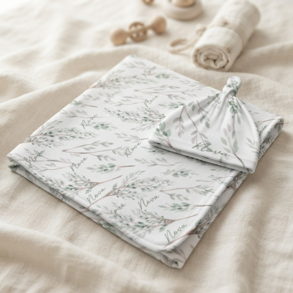 Personalised Baby Swaddle & Beanie Set - Botanical