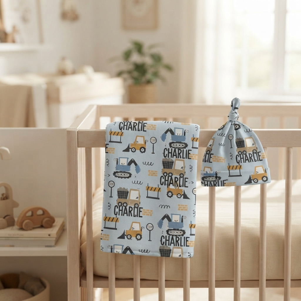 Personalised Baby Swaddle & Beanie Set - Construction