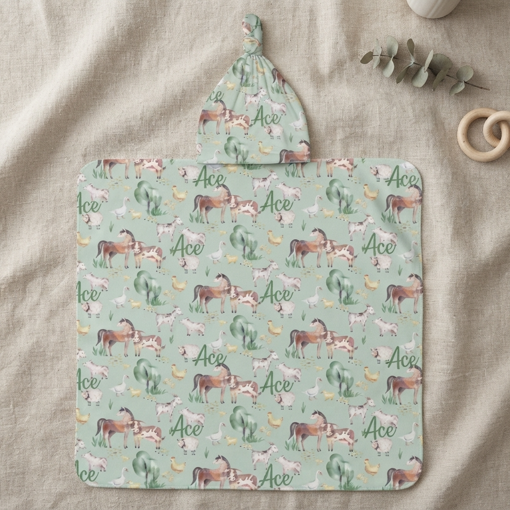 Personalised Baby Swaddle & Beanie Set - Farm