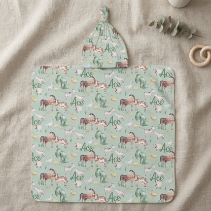 Personalised Baby Swaddle & Beanie Set - Farm