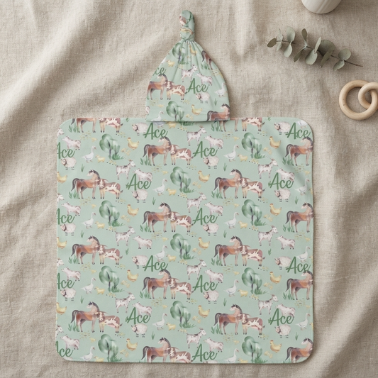 Personalised Baby Swaddle & Beanie Set - Farm
