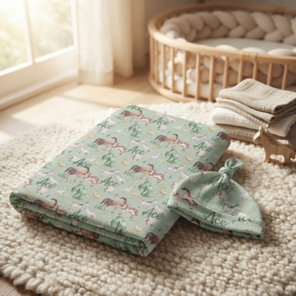 Personalised Baby Swaddle & Beanie Set - Farm