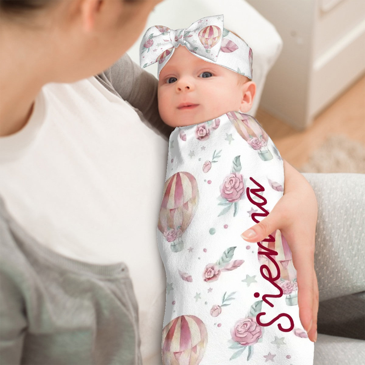 Personalised Baby Swaddle & Headband Set - Pink Hot Air Balloon