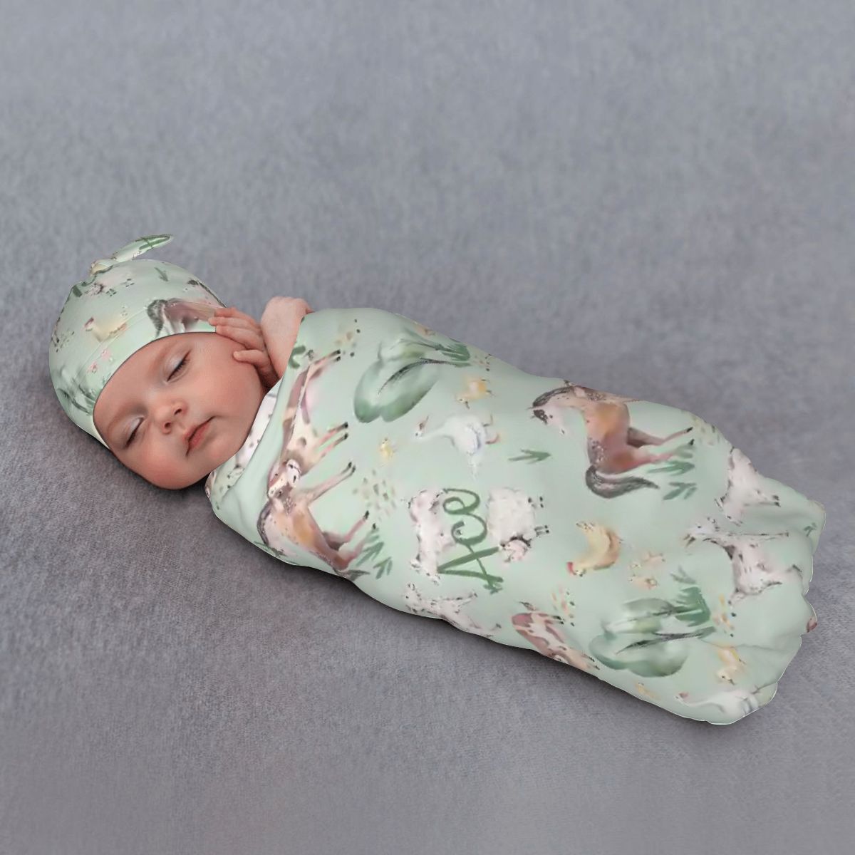 Personalised Baby Swaddle & Beanie Set - Farm