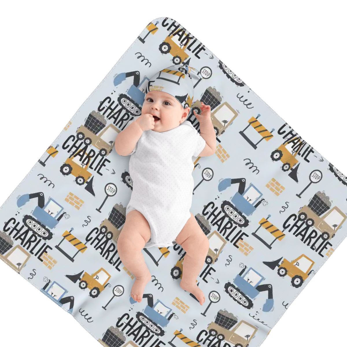 Personalised Baby Swaddle & Beanie Set - Construction
