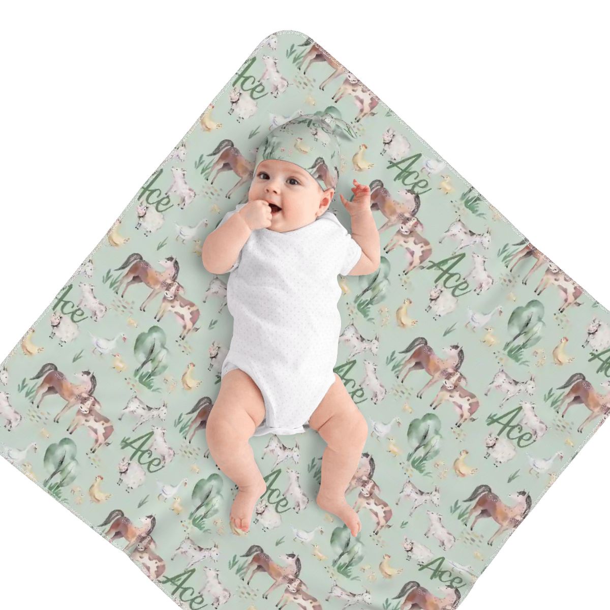 Personalised Baby Swaddle & Beanie Set - Farm