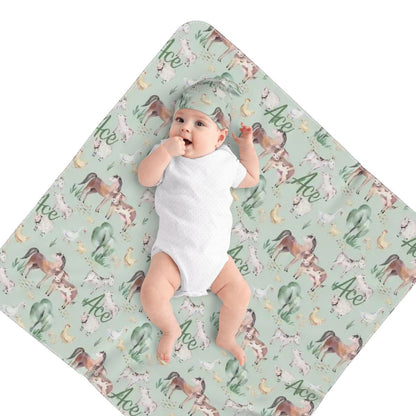 Personalised Baby Swaddle & Beanie Set - Farm