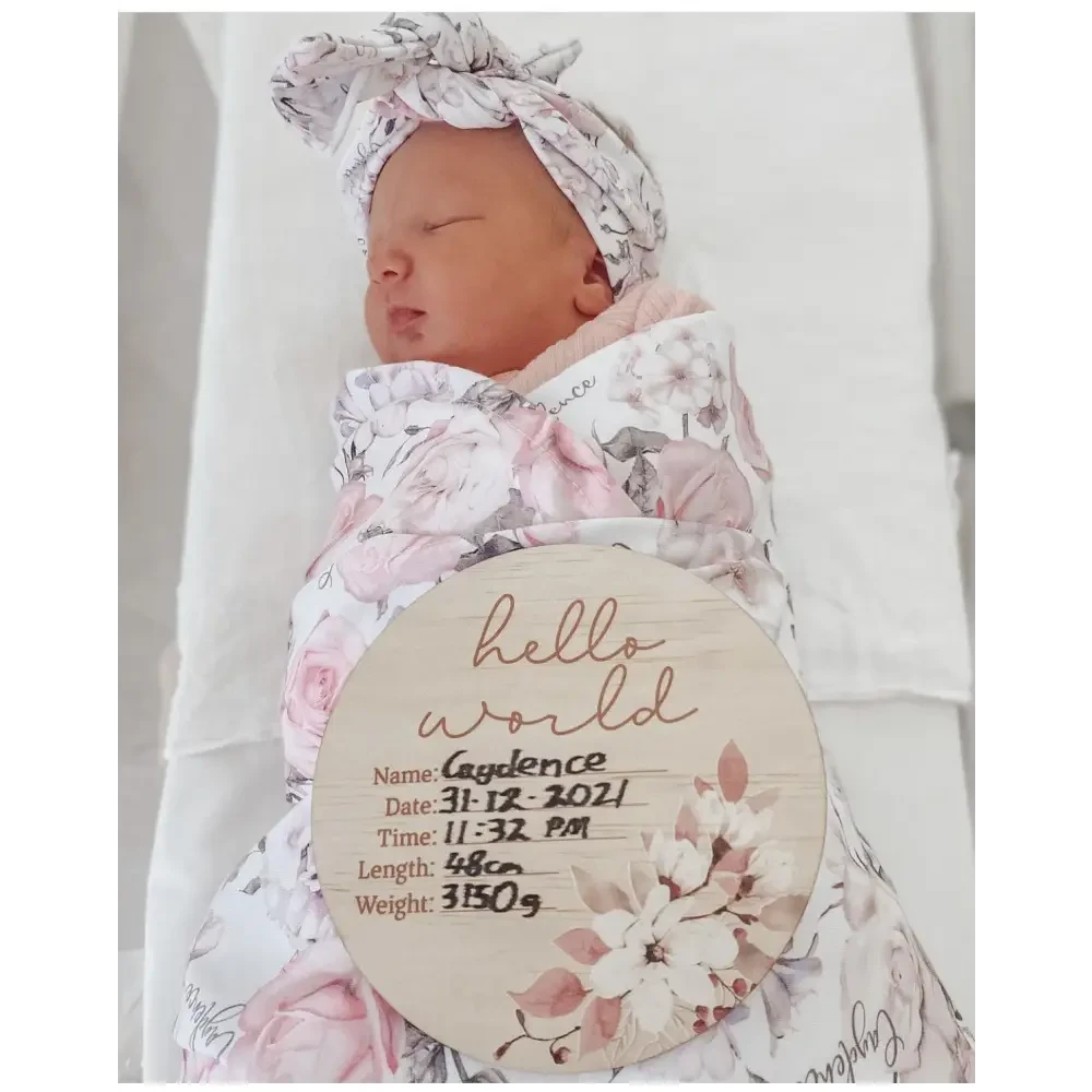 Hello World Floral Wooden Birth Disc - Timber Tinkers
