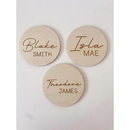Personalised Baby Name Wood Disc - Script - Timber Tinkers
